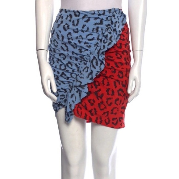 A.L.C. Geller Mini Skirt Gwen Stefani Silk Leopard Ruched Ruffle Blue Red Size 2 - Picture 2 of 10